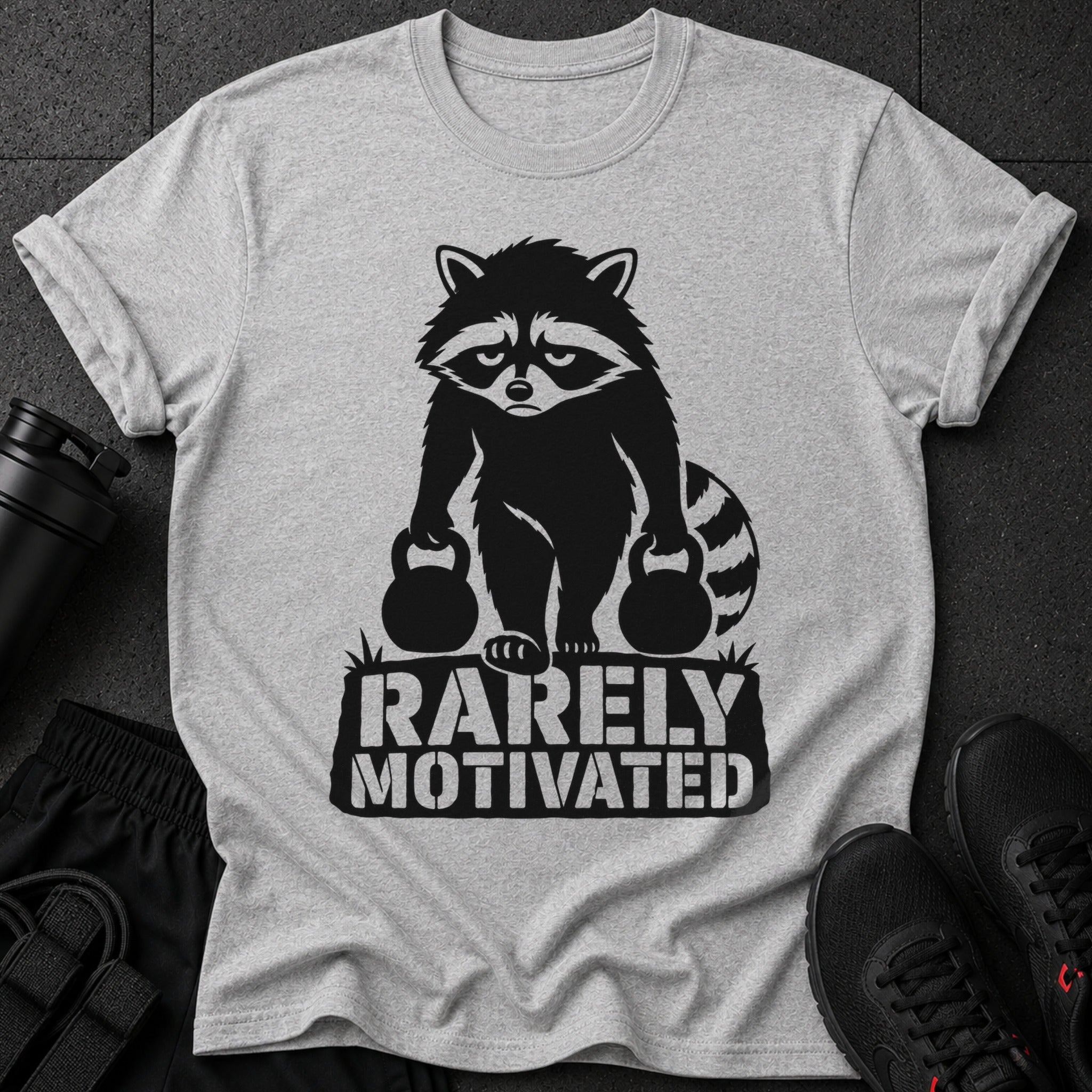 Grey t-shirt with a black graphic of a raccoon holding kettlebells and text reading "RARELY MOTIVATED".