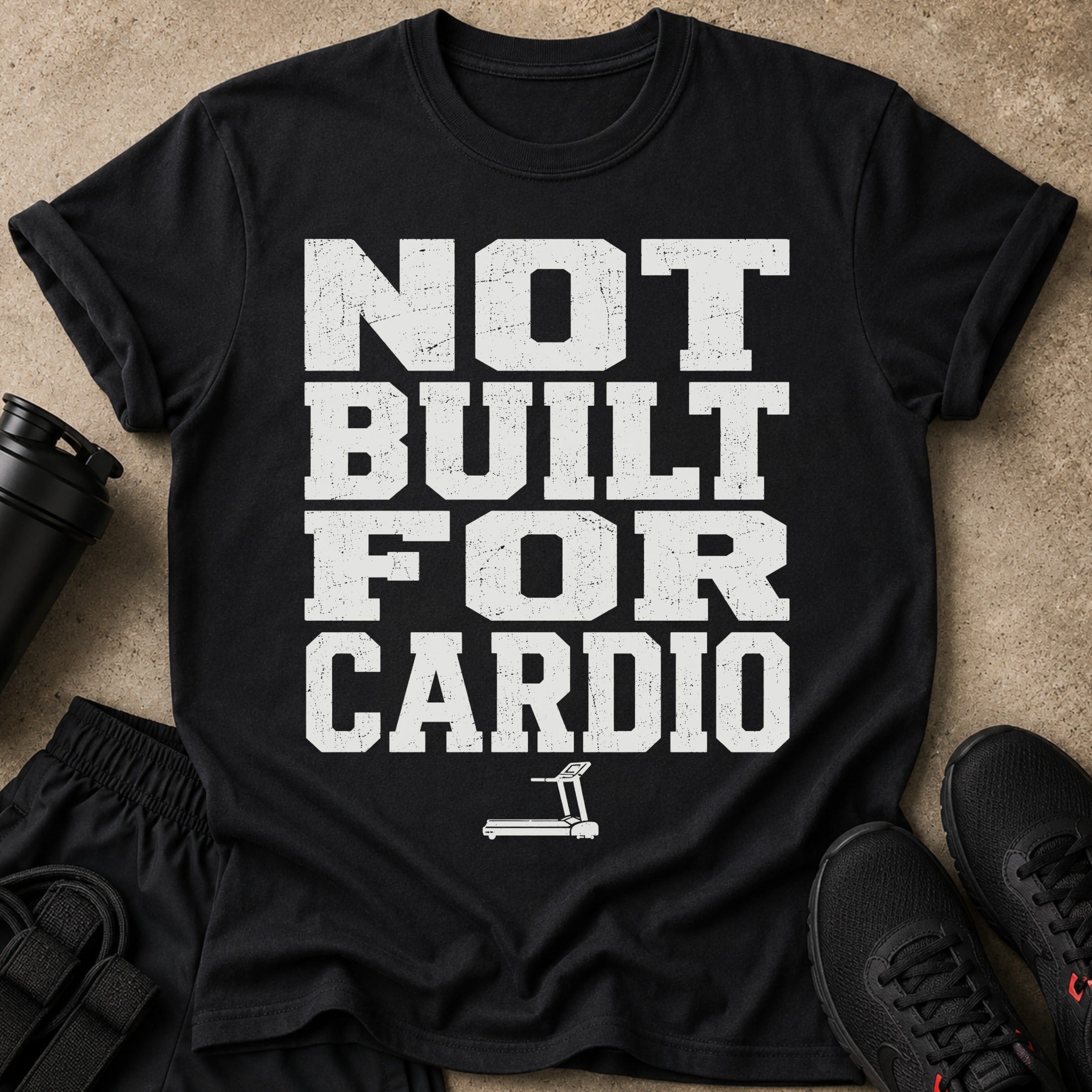 Black t-shirt with white text "NOT BUILT FOR CARDIO" and a treadmill graphic.