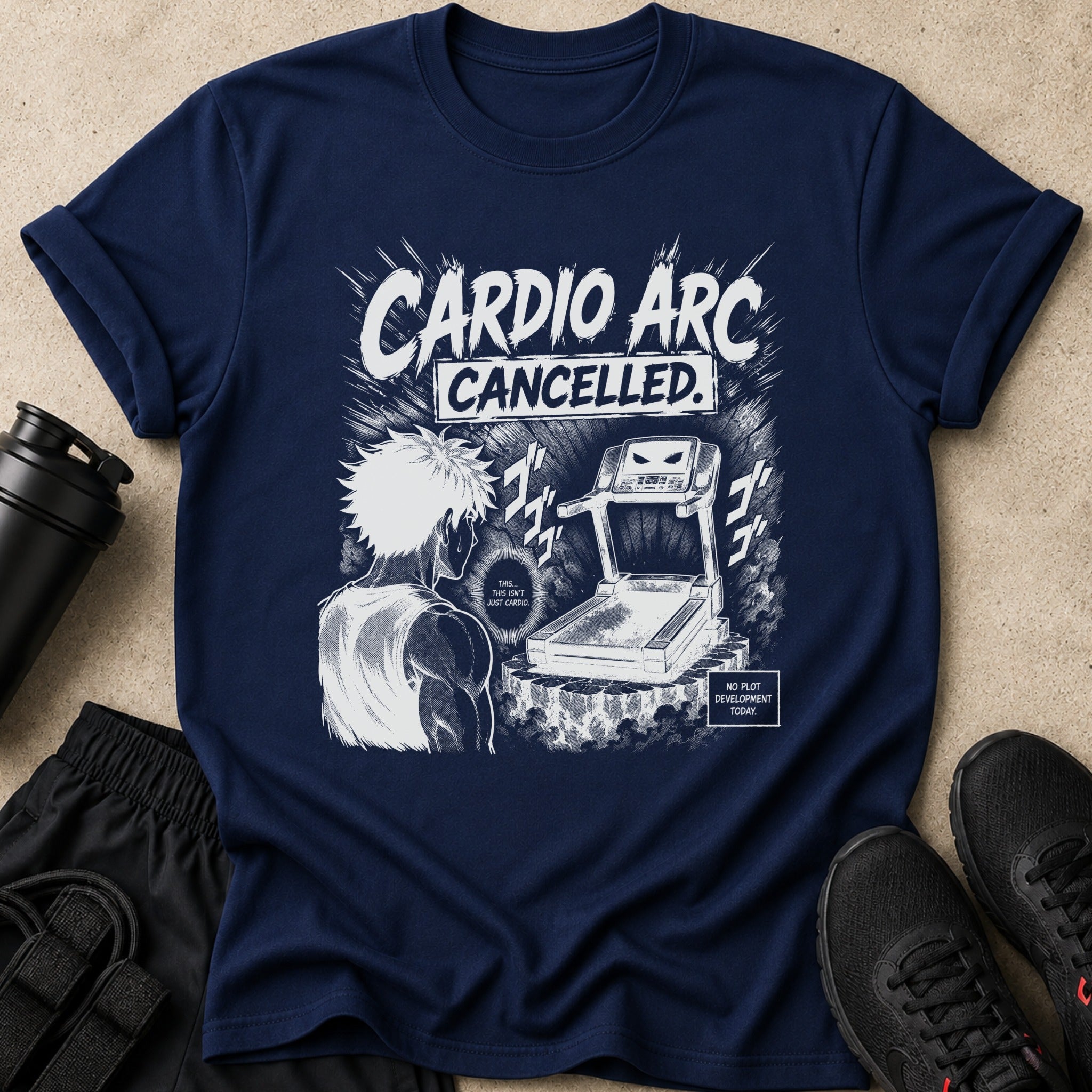 Navy t-shirt with "Cardio Arc Cancelled" graphic and anime runner.