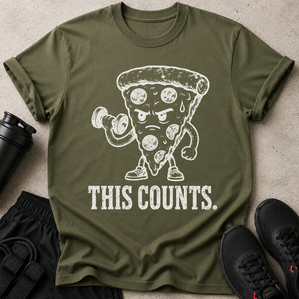 Green t-shirt with distressed white graphic of a pizza lifting weights and text that reads "THIS COUNTS."