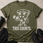 Green t-shirt with distressed white graphic of a pizza lifting weights and text that reads "THIS COUNTS."