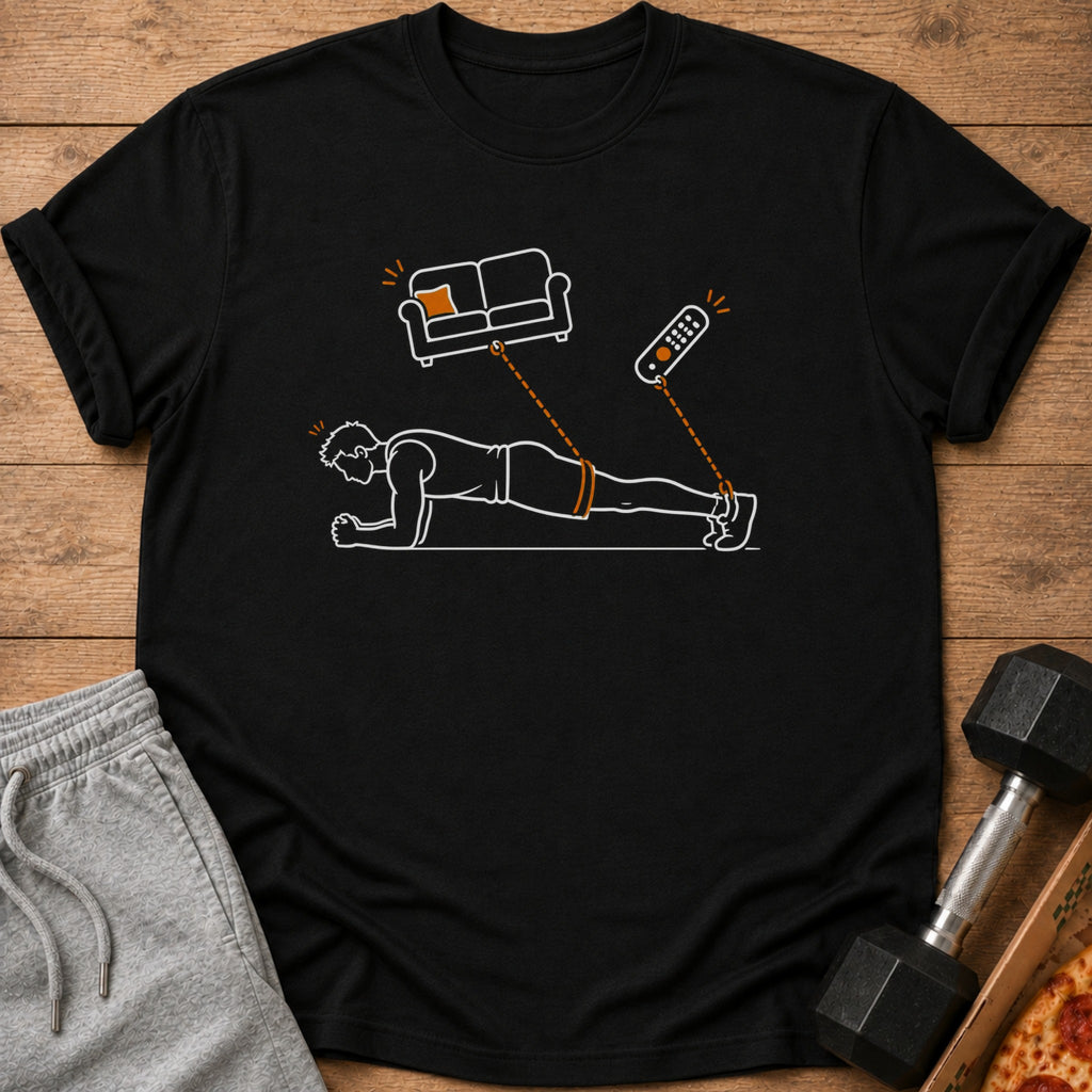 Line art t-shirt shows person planking with remote and couch overhead.