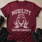 Maroon shirt with white text "MOBILITY UNFORTUNATELY" and a frog lifting weights.