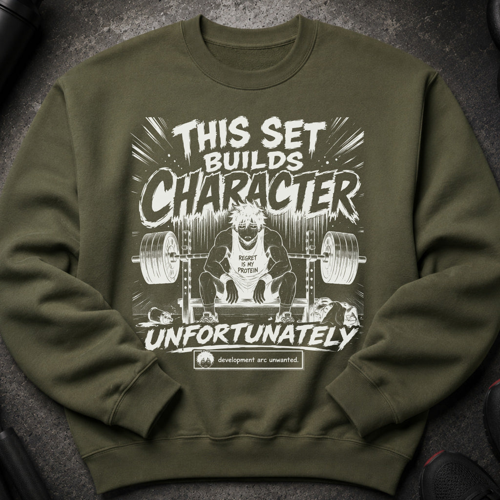 Olive green sweatshirt with "This set builds character unfortunately" text and anime character lifting weights.
