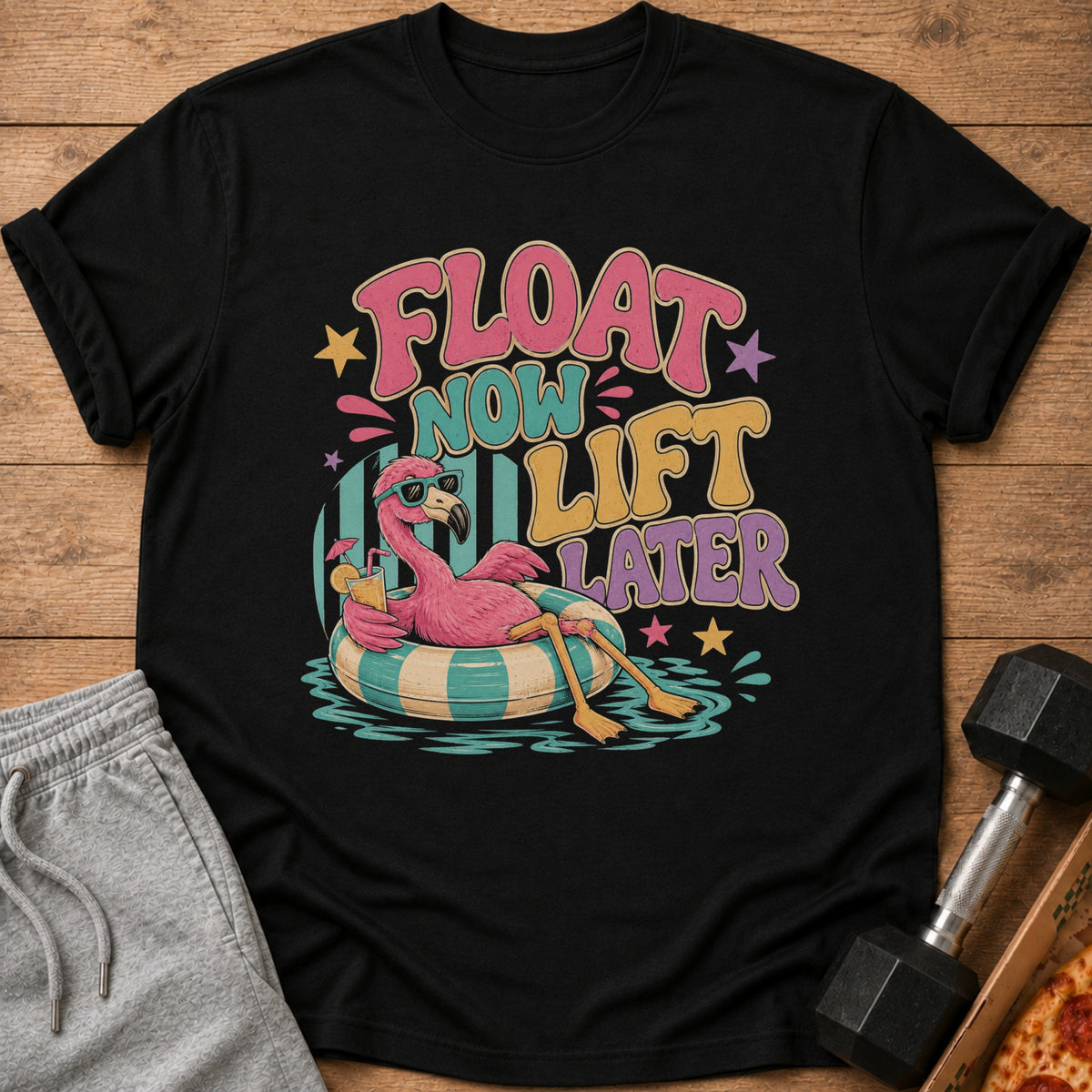 Black t-shirt with retro graphic: flamingo on inner tube, text "FLOAT NOW LIFT LATER".
