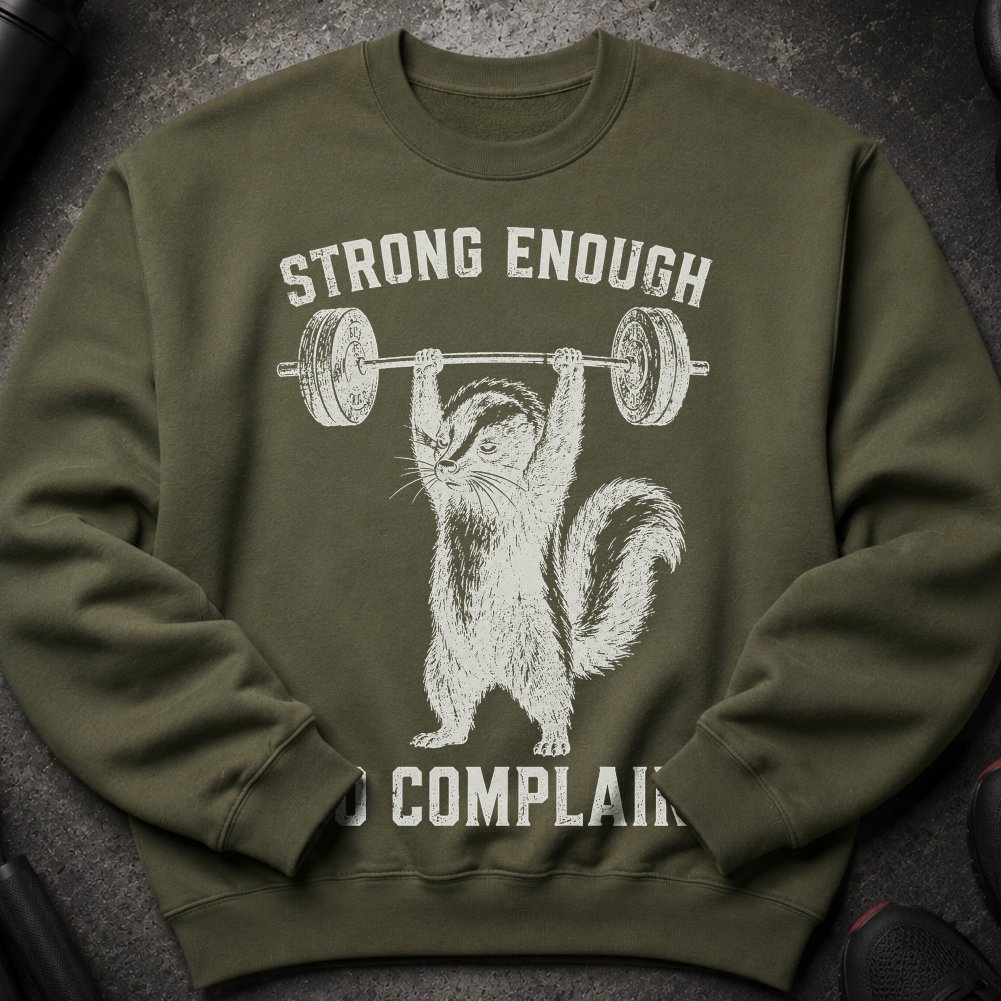 Olive green sweatshirt with distressed graphic of a chipmunk lifting a barbell, "Strong Enough" and "No Complain".