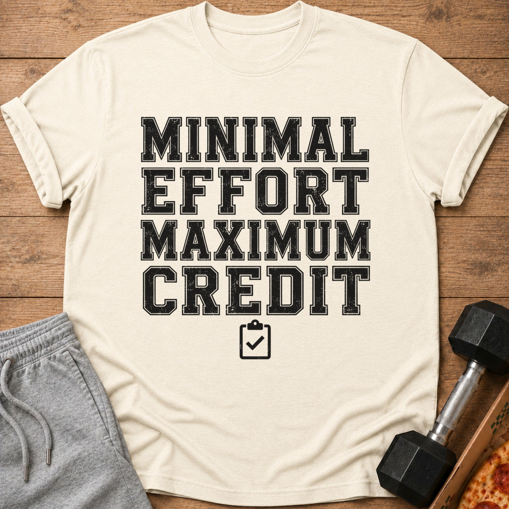 Cream t-shirt with black text "MINIMAL EFFORT MAXIMUM CREDIT" and a checklist icon.