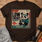 T-shirt featuring a sad panda holding a low energy drink can.