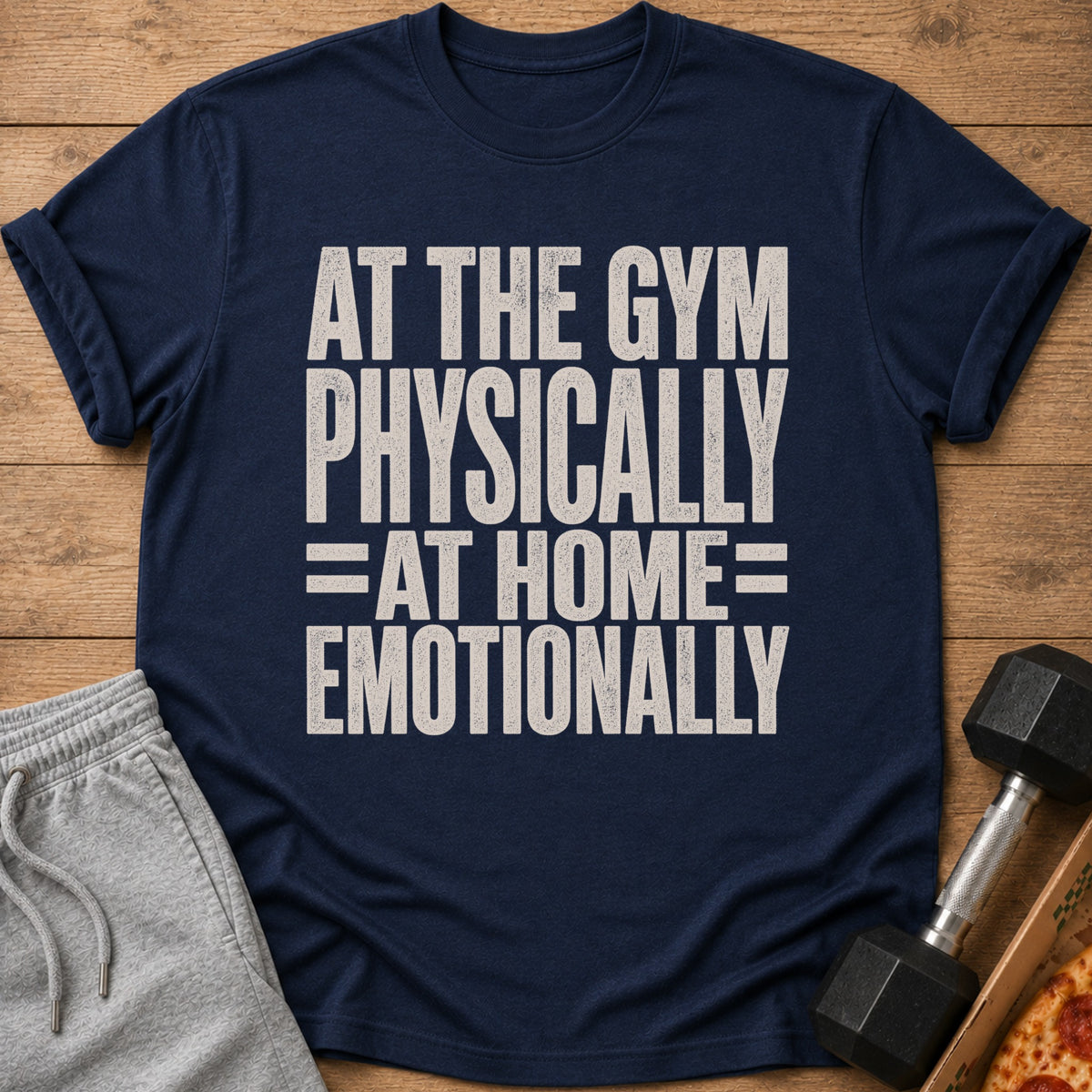 Navy t-shirt with text "AT THE GYM PHYSICALLY =AT HOME= EMOTIONALLY".