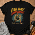 T-shirt graphic with "LEG DAY SURVIVOR" text and a man holding a kettlebell.