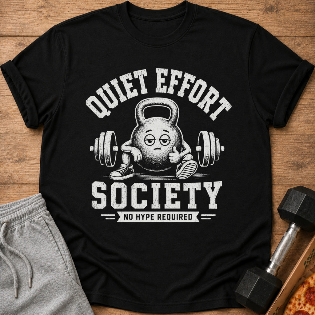 Black t-shirt with "Quiet Effort Society" and a cartoon kettlebell.