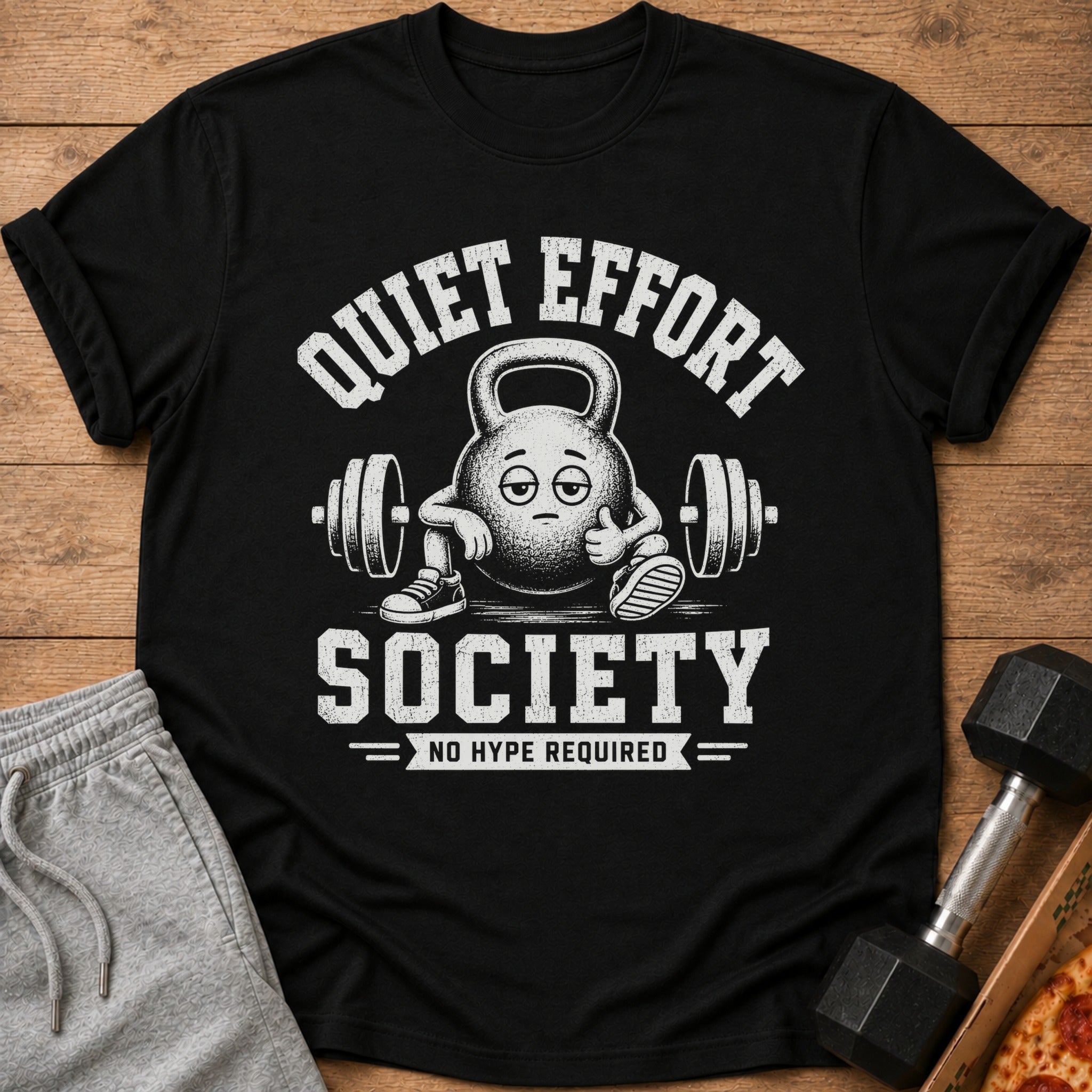 Black t-shirt with "Quiet Effort Society" and a cartoon kettlebell.