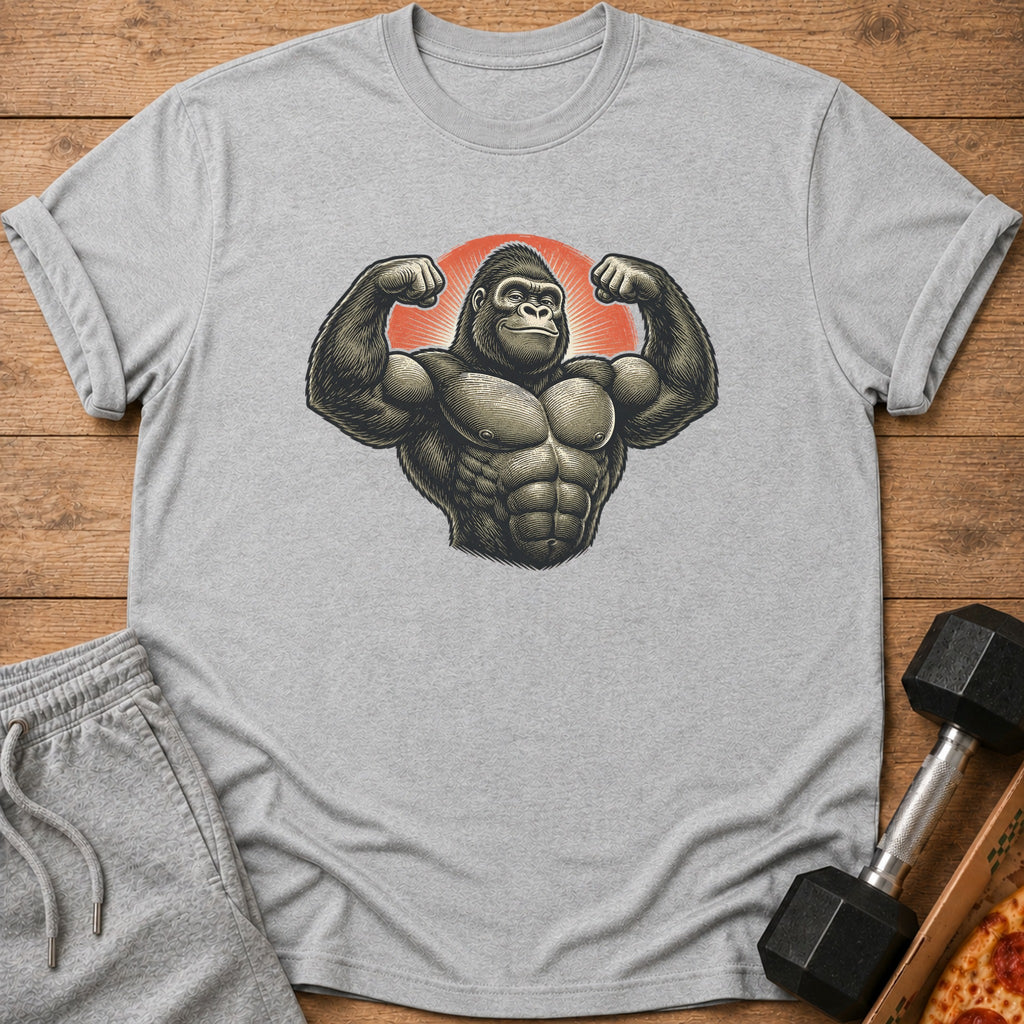 Grey t-shirt with muscular gorilla flexing, red sunburst background.