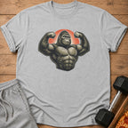 Grey t-shirt with muscular gorilla flexing, red sunburst background.
