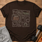 Brown t-shirt with stamps depicting fitness icons and the text "TRAINING" and "UNDER MILD PROTEST".