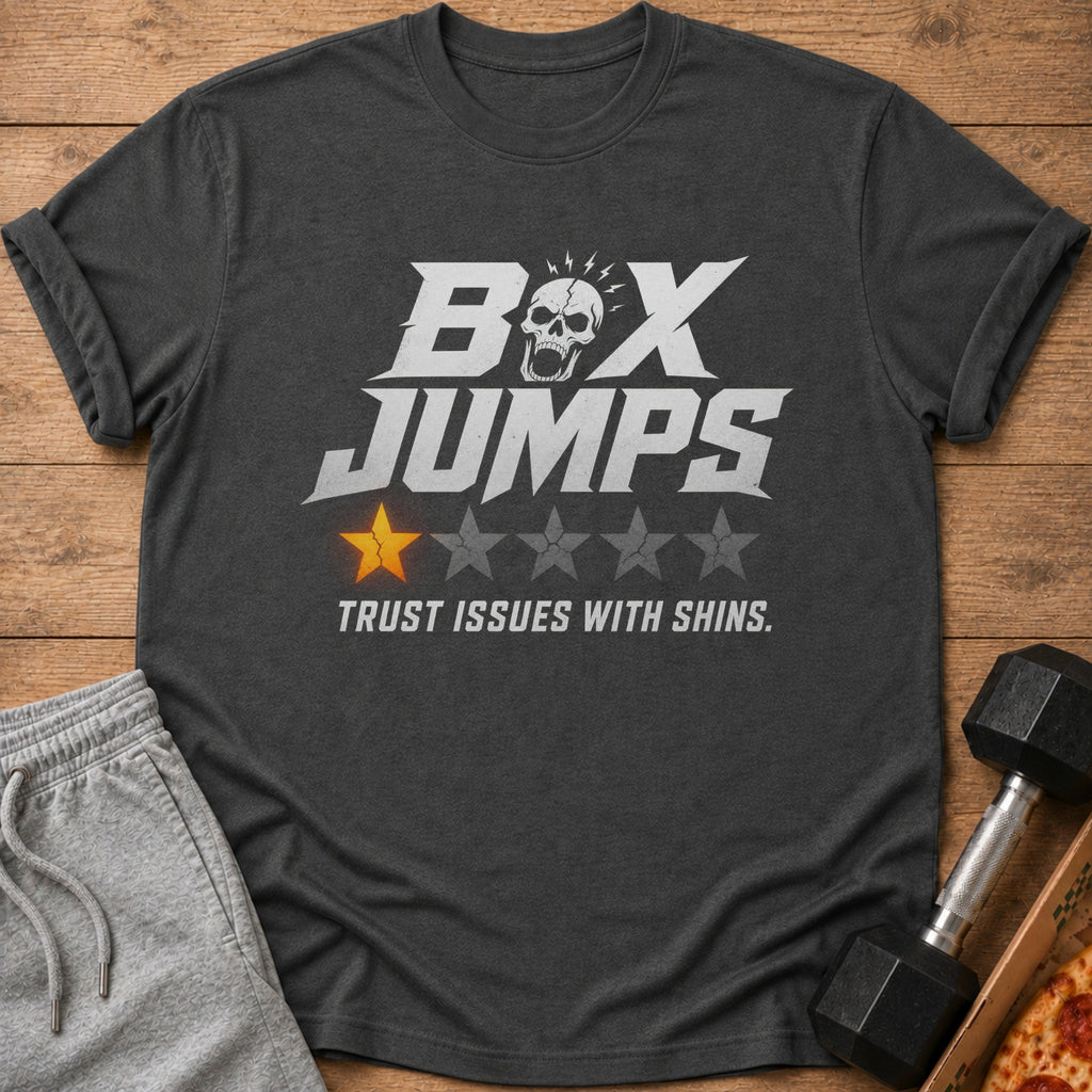 Dark grey t-shirt with "BOX JUMPS" text, skull graphic, and one orange star.