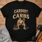 Black t-shirt with "Cardio? I Thought You Said Carbs" text and pizza-eating man illustration.