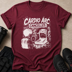 Maroon t-shirt with "Cardio Arc Cancelled" manga graphic.