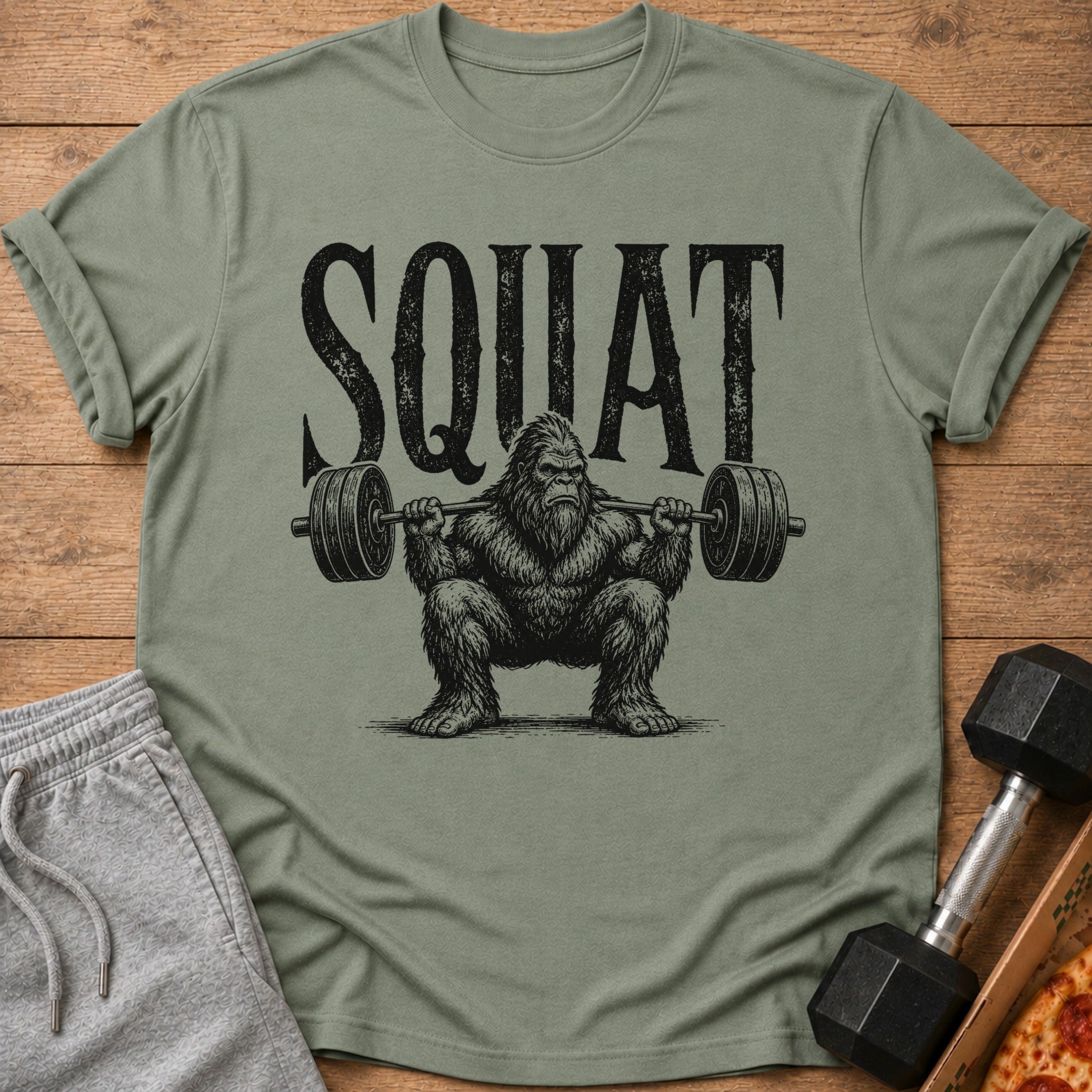 Bigfoot lifting a barbell with "SQUAT" text above on a green t-shirt.