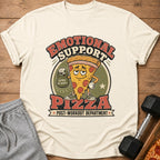 T-shirt graphic featuring a cartoon pizza slice lifting weights with text "Emotional Support Pizza".