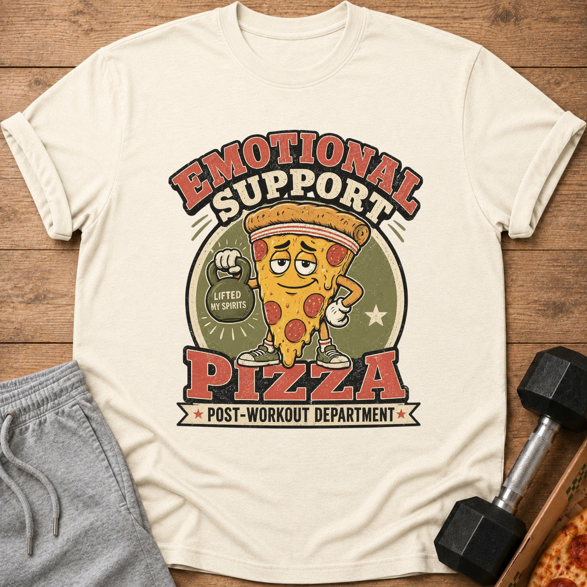 T-shirt graphic featuring a cartoon pizza slice lifting weights with text "Emotional Support Pizza".