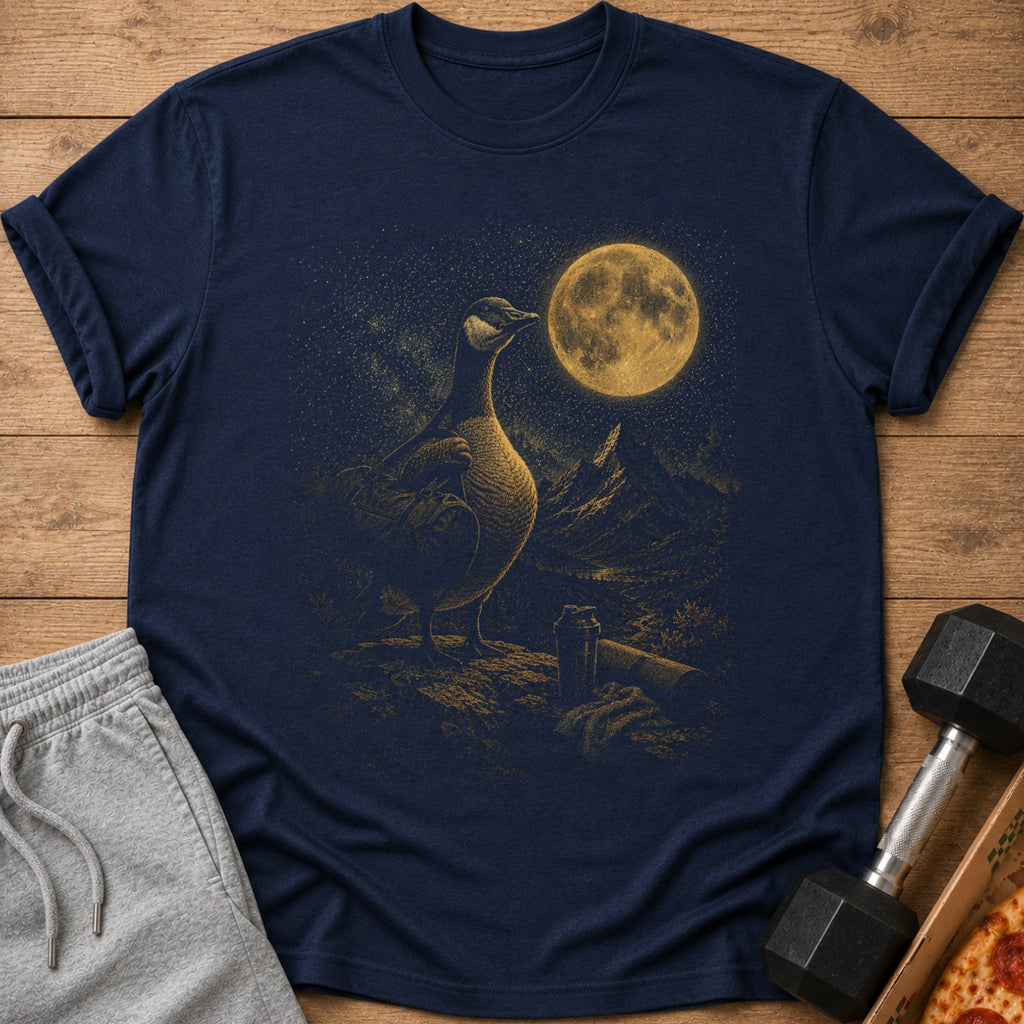 Navy t-shirt with a goose graphic under a full moon.