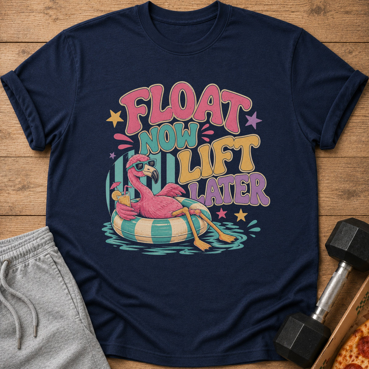 T-shirt graphic with text "Float Now Lift Later" and a flamingo on a float.