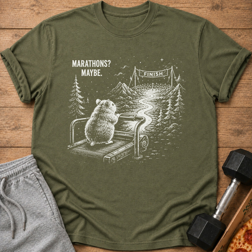 Hamster running on treadmill with text "Marathons? Maybe." and a finish line.