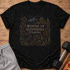 Black t-shirt with "Mountain Air. Questionable Stamina." text and hiking graphic.