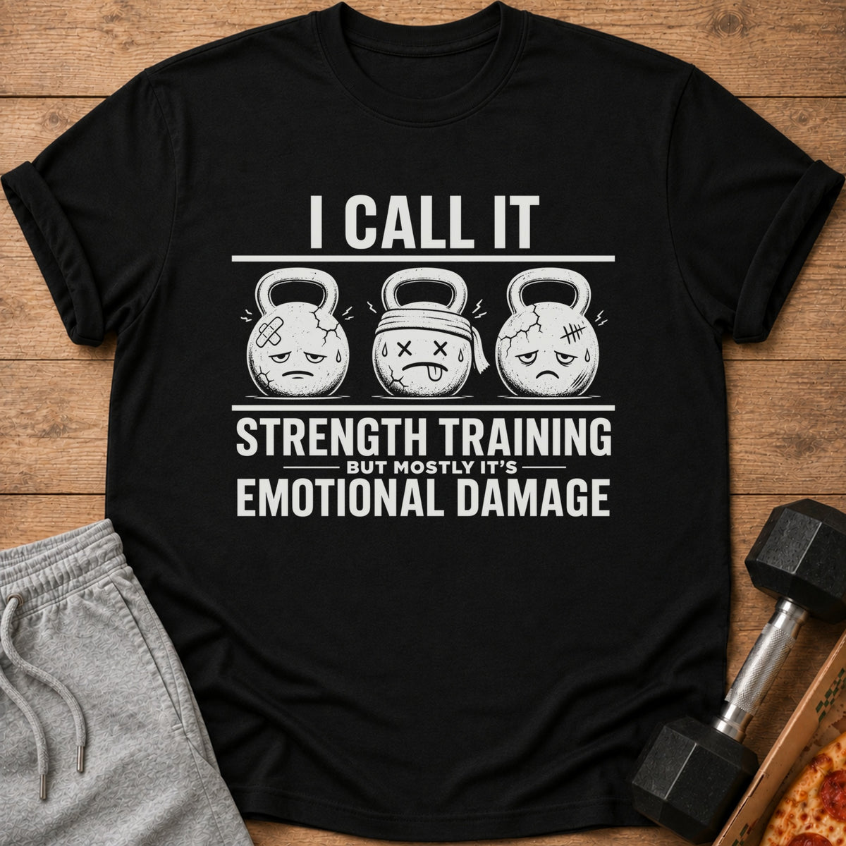 Black t-shirt with kettlebells and the text "I call it strength training but mostly it's emotional damage".