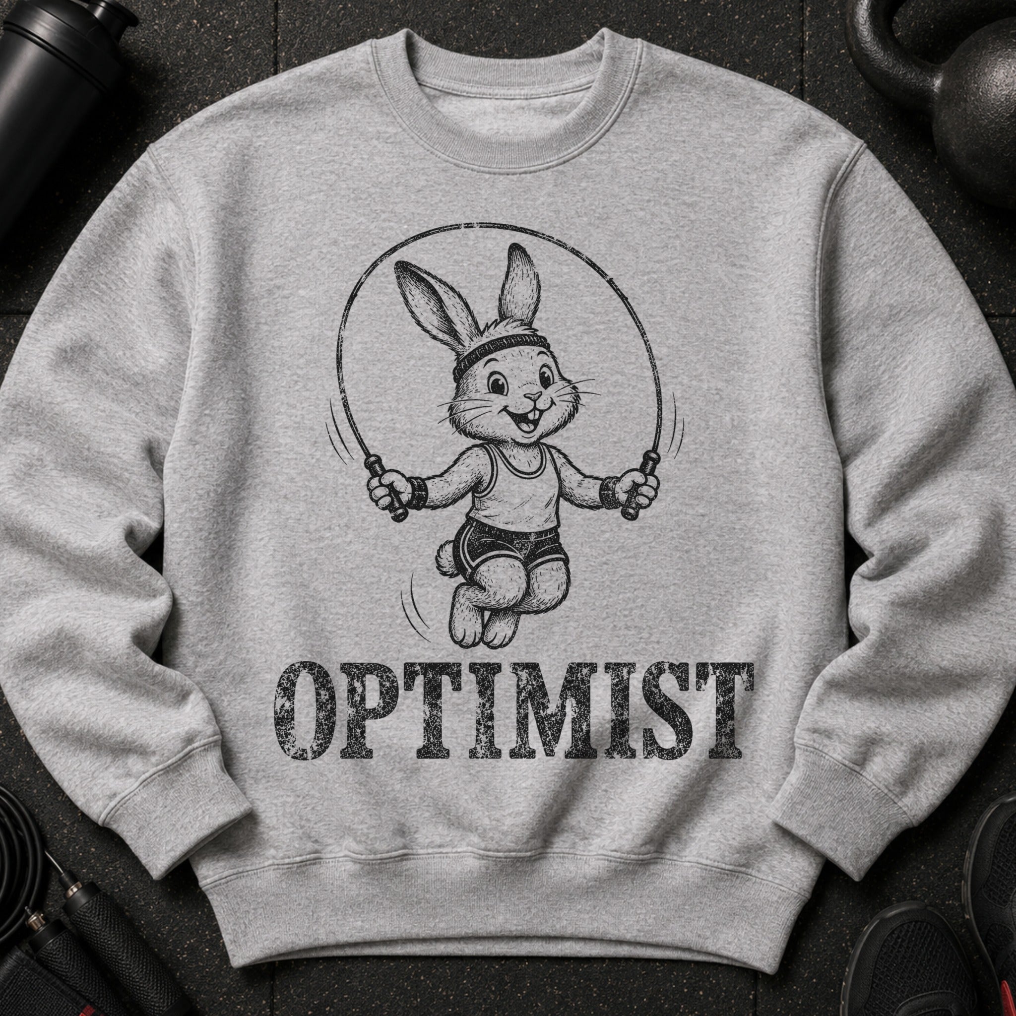 Grey sweatshirt with a drawn bunny skipping rope and the word "OPTIMIST" below.