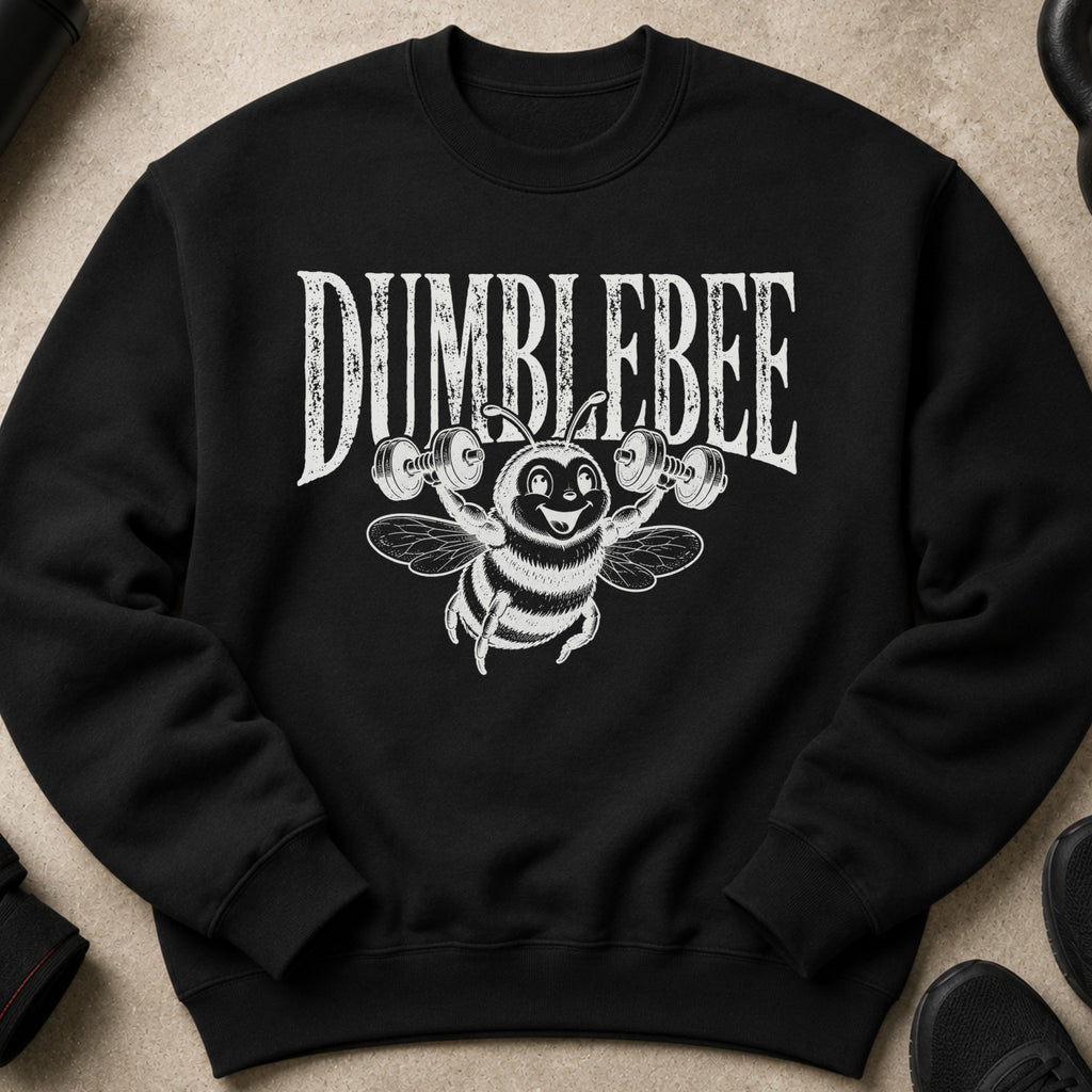 Black sweatshirt with white distressed text "DUMBLEBEE" and cartoon bee lifting weights.