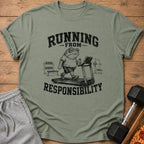 T-shirt graphic of a frog running on a treadmill with text "RUNNING FROM RESPONSIBILITY".