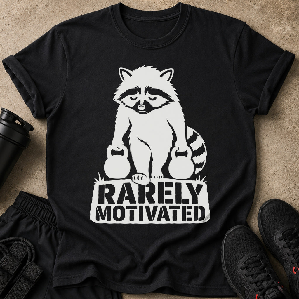 Black t-shirt with white raccoon graphic and text "RARELY MOTIVATED".