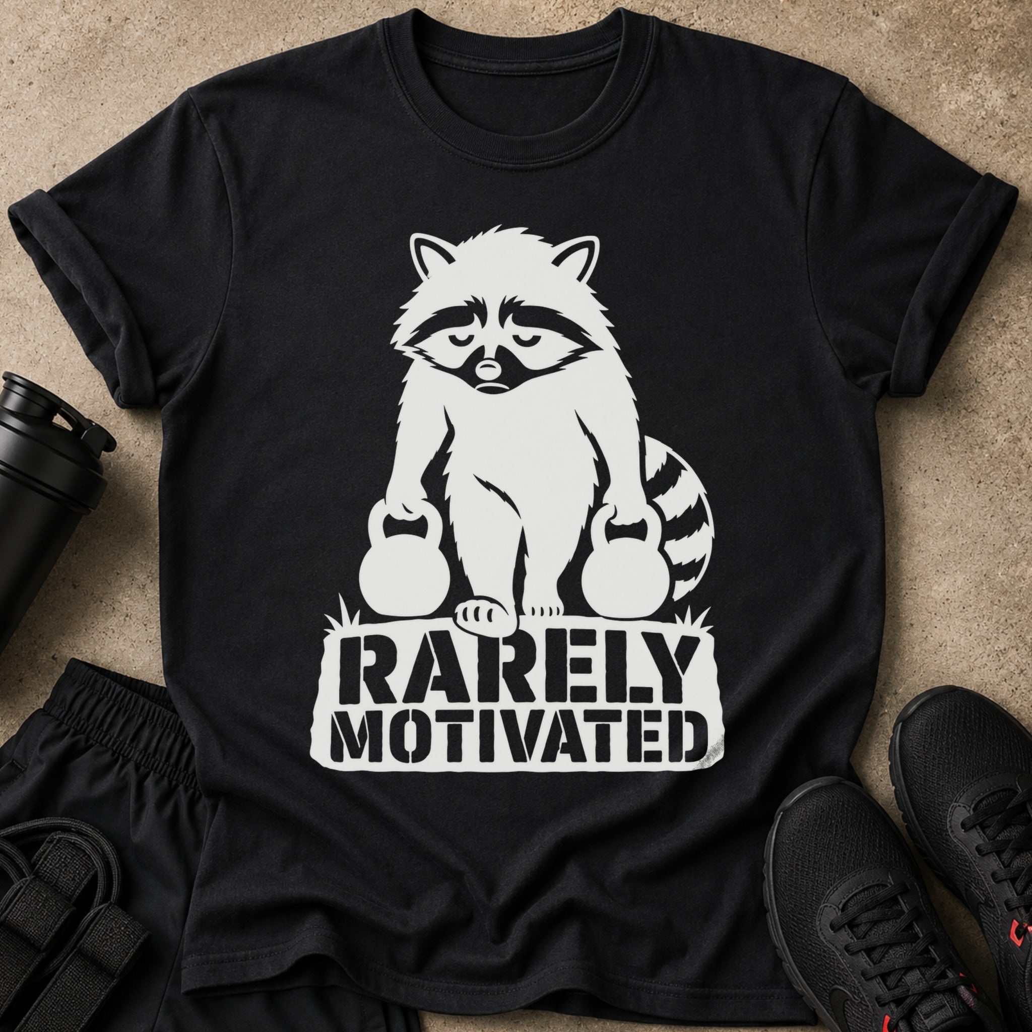 Black t-shirt with white raccoon graphic and text "RARELY MOTIVATED".