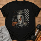 Black t-shirt with fitness graphic of shaker, dumbbells, kettlebell, headphones, and towel.