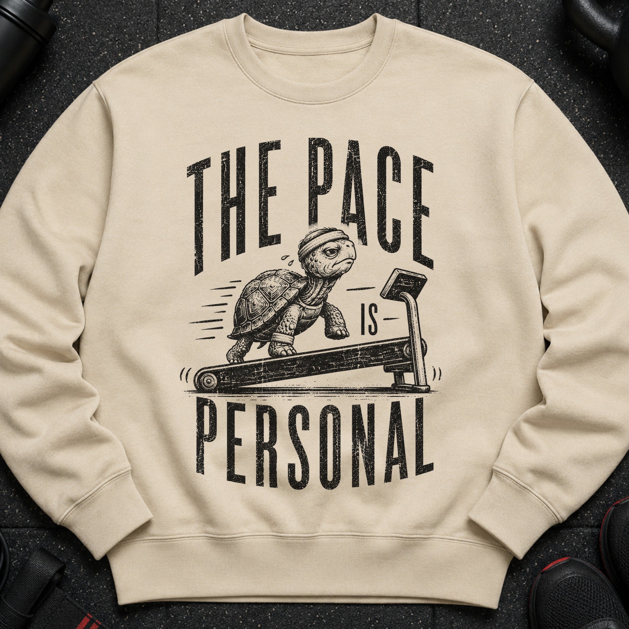 Crewneck sweatshirt with distressed graphic of a turtle on a treadmill and text "THE PACE IS PERSONAL".