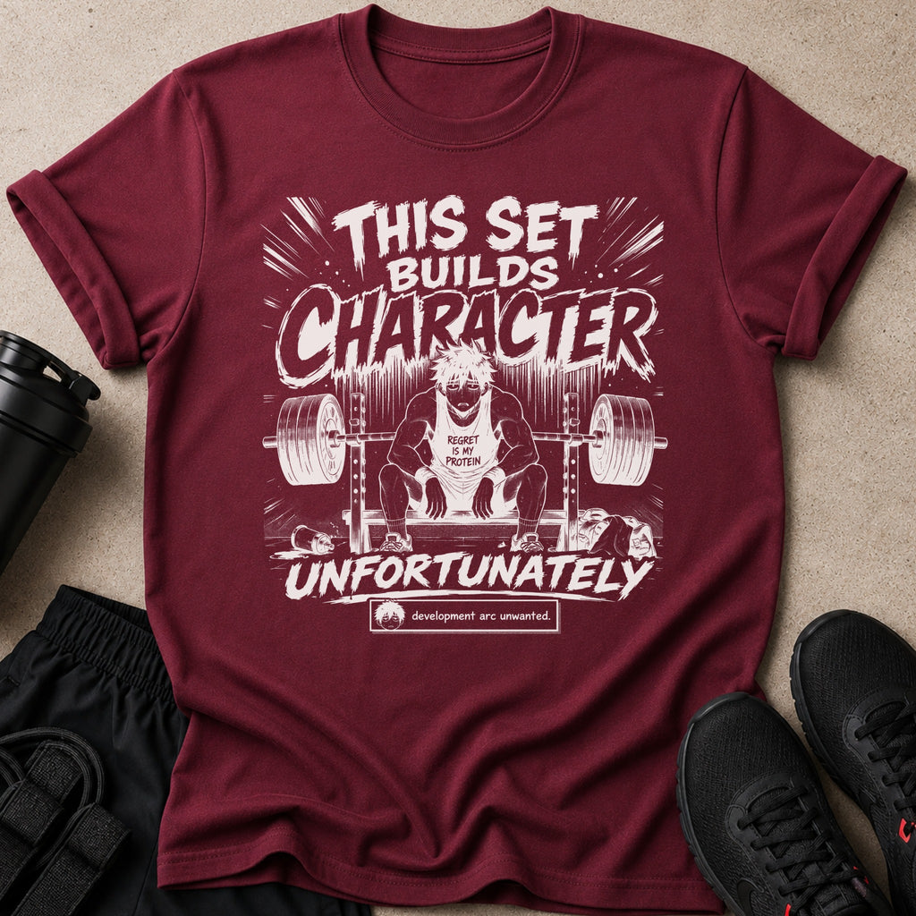 Maroon t-shirt with white graphic text "This Set Builds Character" and defeated weightlifter.
