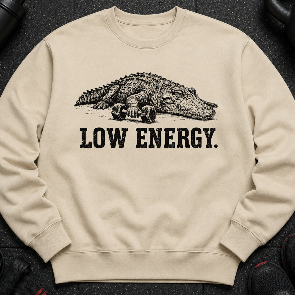 Crewneck sweatshirt with alligator and "LOW ENERGY" text graphic.