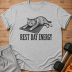 Grey t-shirt with a grumpy cat graphic and text "REST DAY ENERGY".