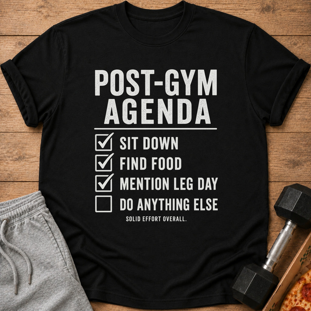 Black t-shirt with "Post-Gym Agenda" text and a checklist of gym-related activities.