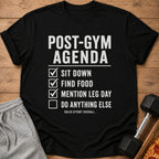 Black t-shirt with "Post-Gym Agenda" text and a checklist of gym-related activities.