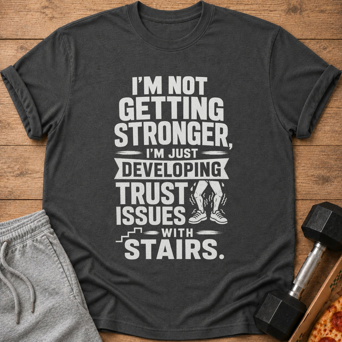 Dark gray t-shirt with white text about developing trust issues with stairs.