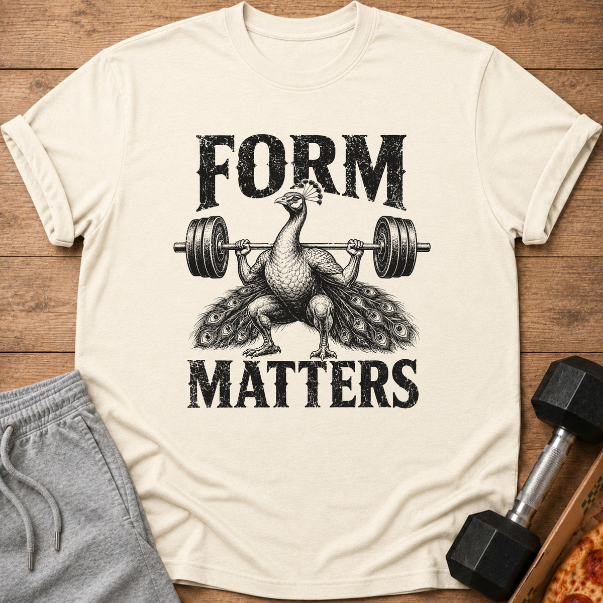 Off-white t-shirt featuring a black graphic of a peacock lifting a barbell, with text reading Form Matters.