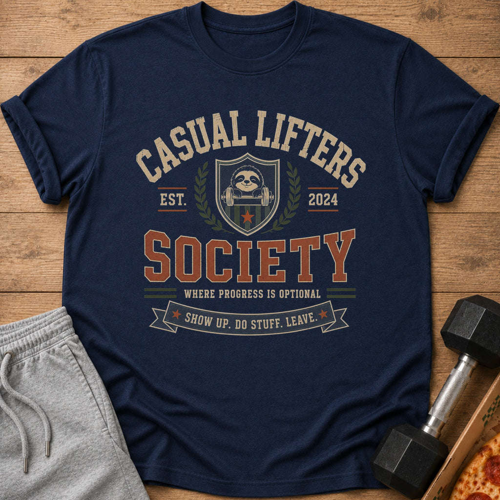 Navy t-shirt with "Casual Lifters Society" text and a sloth lifting weights.
