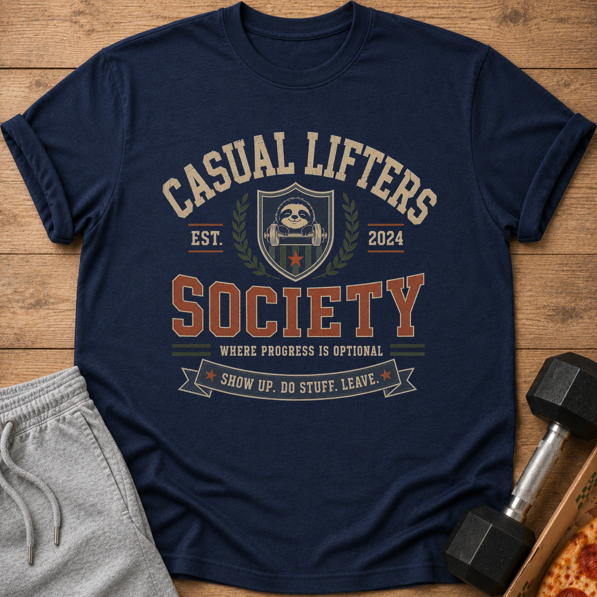 Navy t-shirt with "Casual Lifters Society" text and a sloth lifting weights.