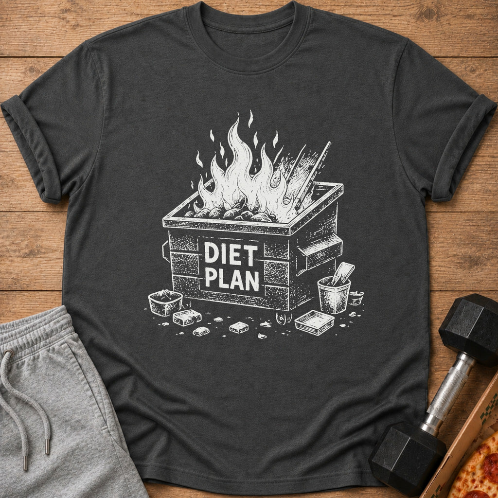 Charcoal t-shirt with a dumpster fire graphic that says "Diet Plan."
