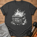 Charcoal t-shirt with a dumpster fire graphic that says "Diet Plan."