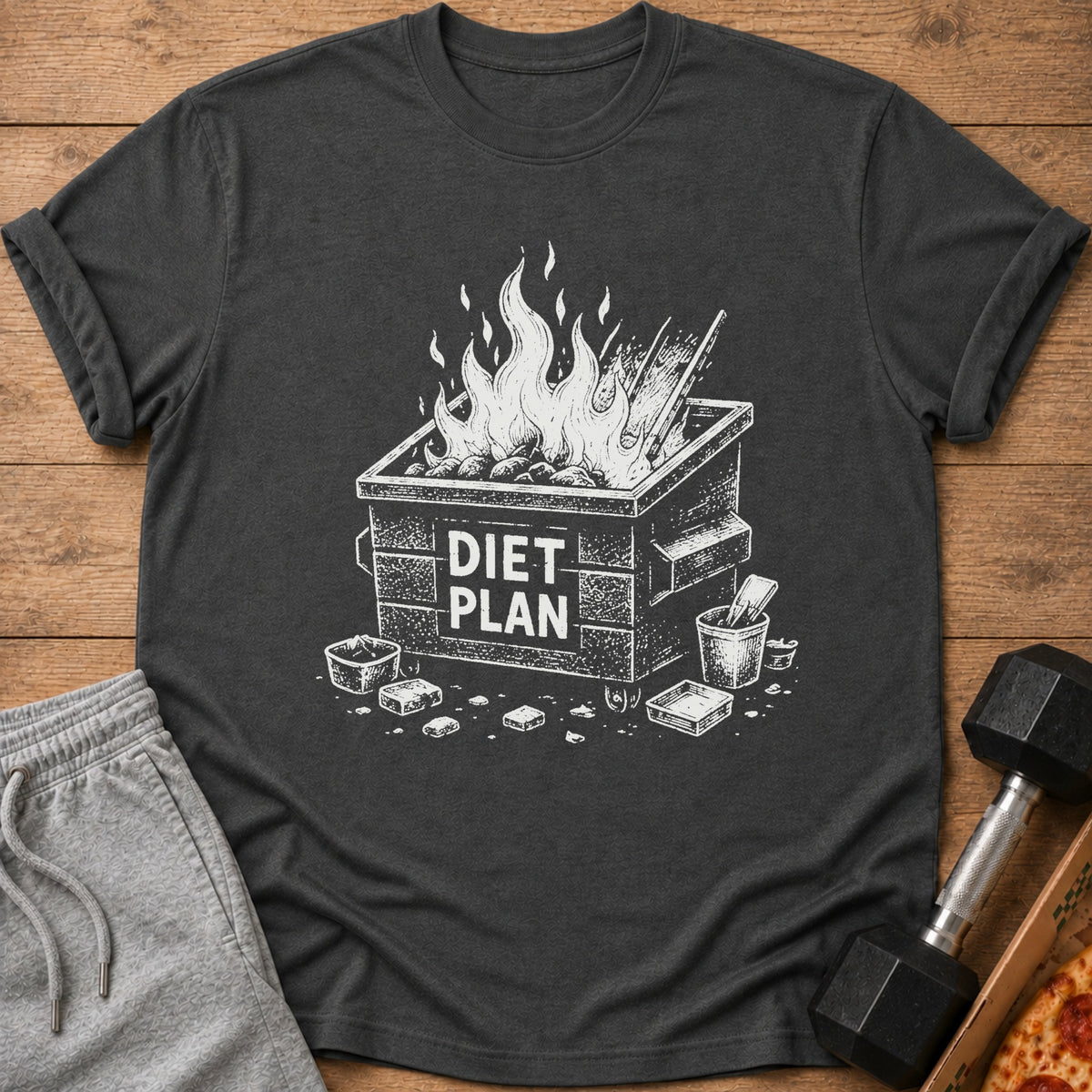 Charcoal t-shirt with a dumpster fire graphic that says "Diet Plan."
