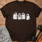 Brown t-shirt with ghost raccoons holding gym equipment and bats.